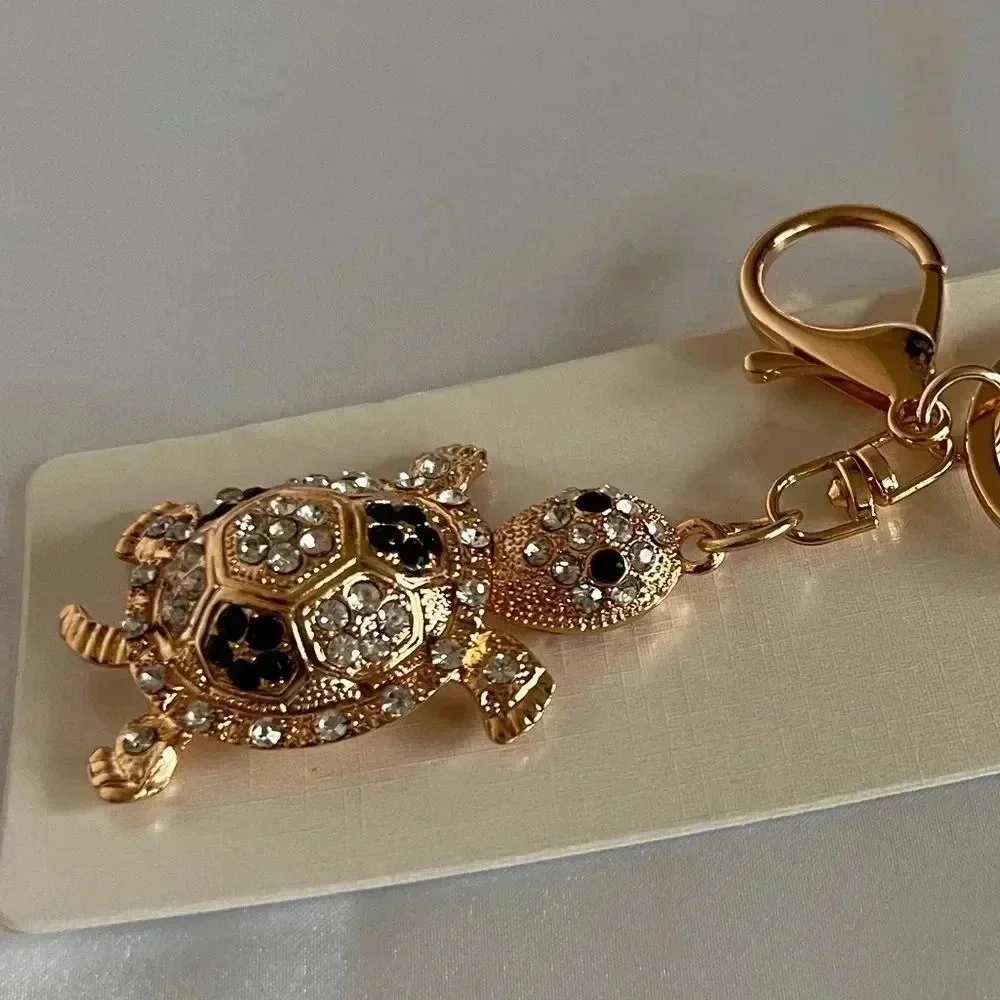 Turtle Key Chain Or Bag Charm Black/White Crystal Rhinestone Gold Tone Hardware